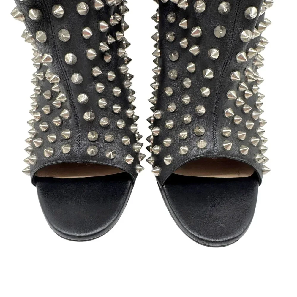 Christian Louboutin Black & Silver Spike Embellished Peep-Toe Heeled Booties